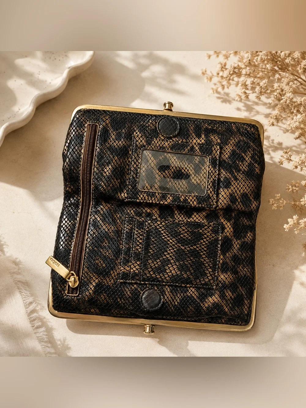 HOBO Black with leopard interior Print Kiss-Lock Wallet / Clutch – Black & Gold